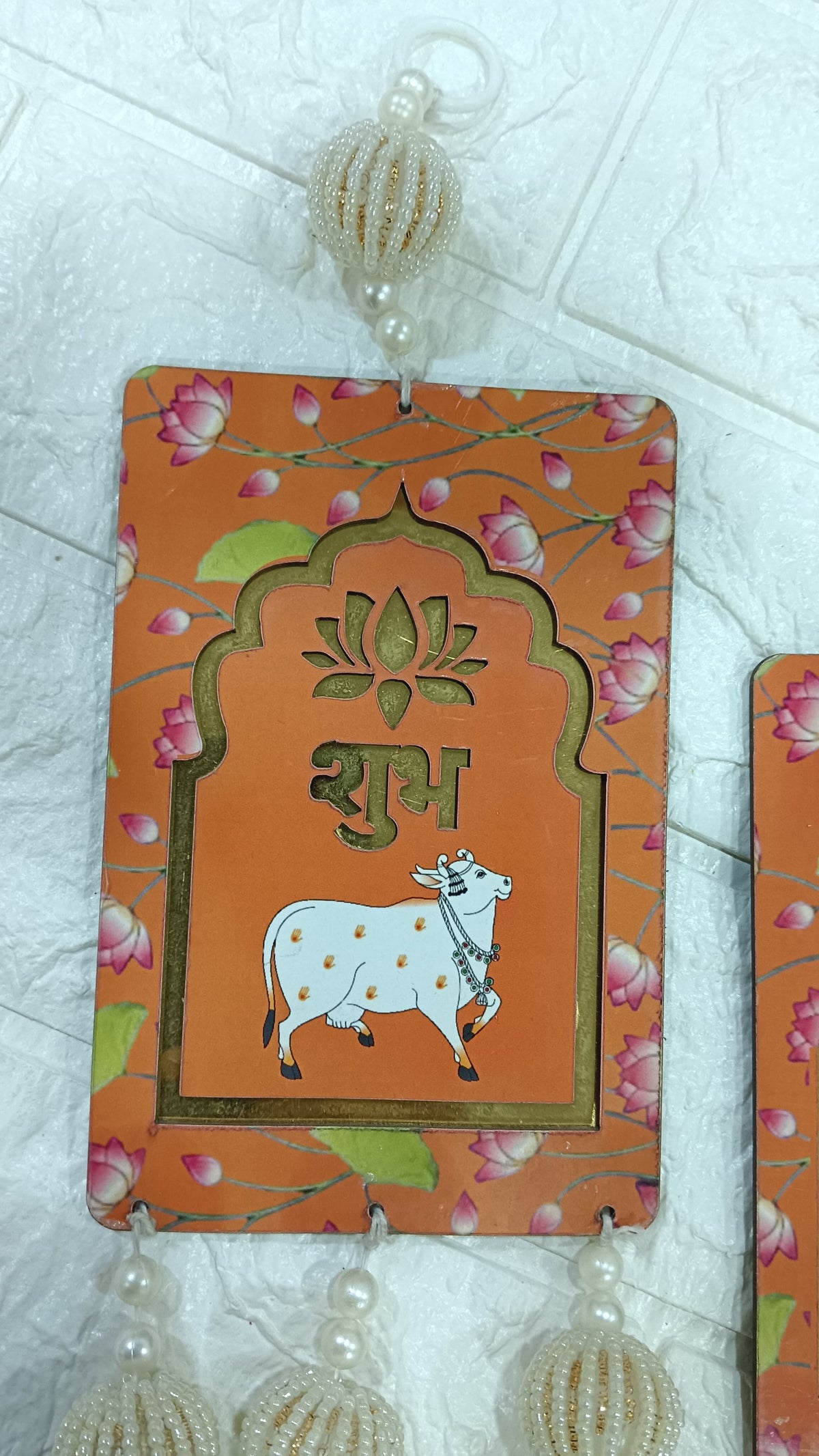 Nutts Handcrafted Shubh Labh MDF Door Hanging with Cow Design Decorative Beaded Tassels Lotus Motif Wall Hanging for Home Entrance Festive Decor Pack of 2 (SMALL115-2) (Oragne)