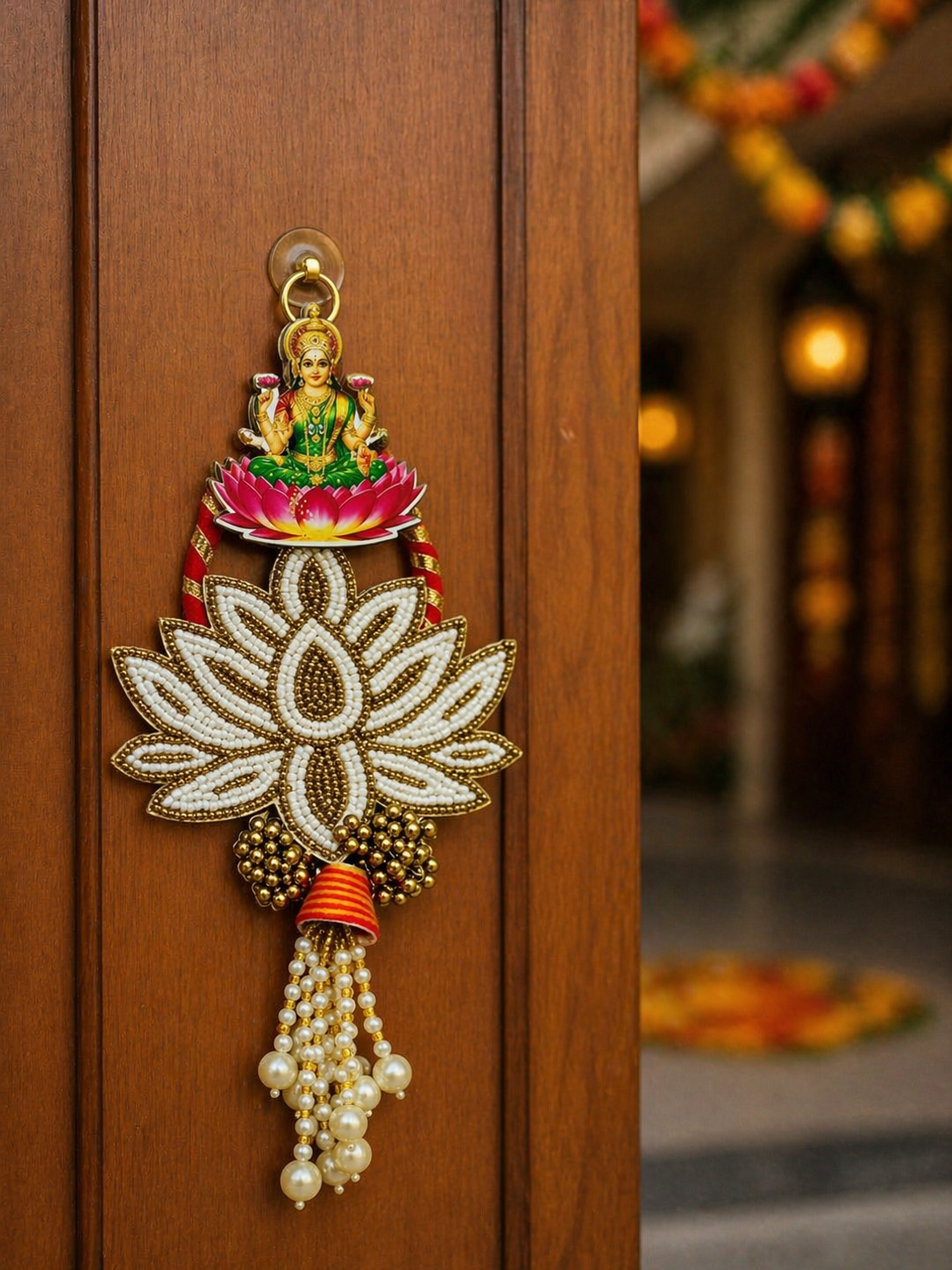 Nutts Decorative Ganesh Lakshmi Pearl Lotus Door Hanging Set for Home Entrance Mandir Wall Decor Diwali Pooja Festival Decoration (Pack of 2) (Small179)