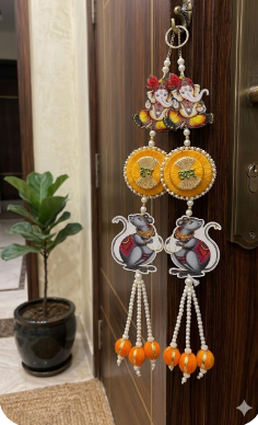 Handmade Shubh Labh Ganesh Ji Door Hanging with Mouse Design | Pearl Tassels Decorative Wall Hanging for Home Decoration Pack of 2 (SMALL74)