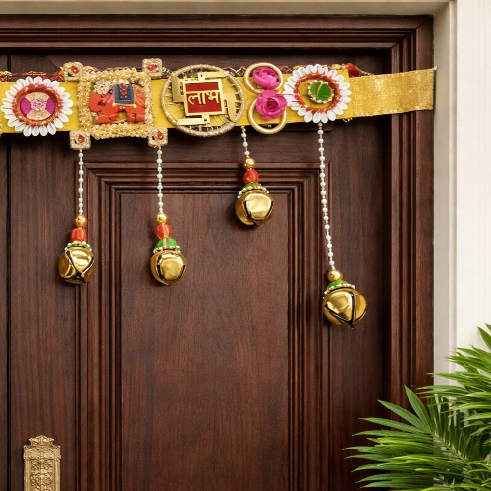 Nutts Decorative Swastik Shubh Labh Wooden Elephnat Ghungroo Bandhanwar For Door Decoration Festival Decoration