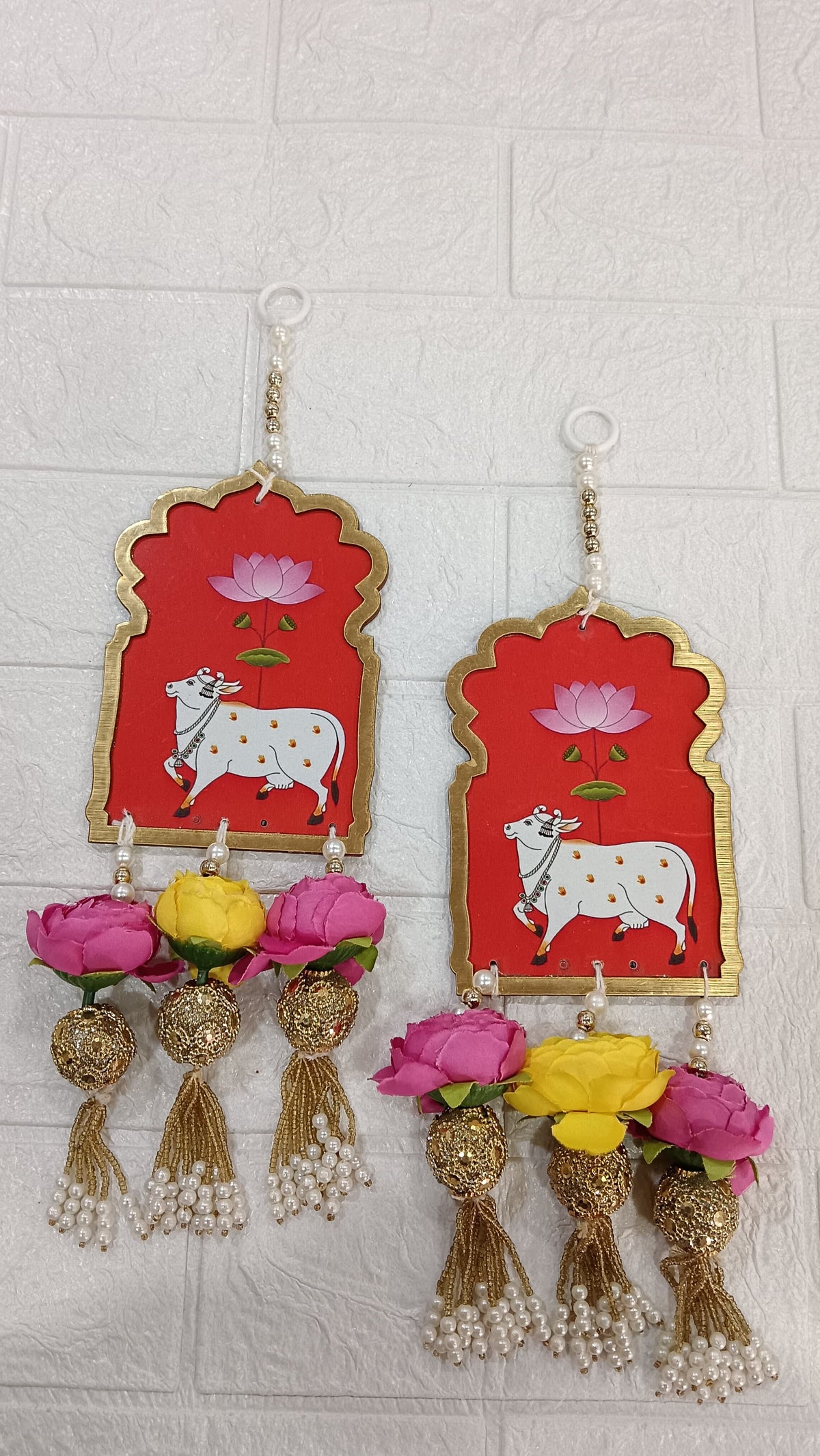 Nutts Handmade Cow MDF Door Hanging Wall Decor | Artificial Flowers Pearl Tassels Traditional Festive Entrance Hanging Decorations (Pack of 2)