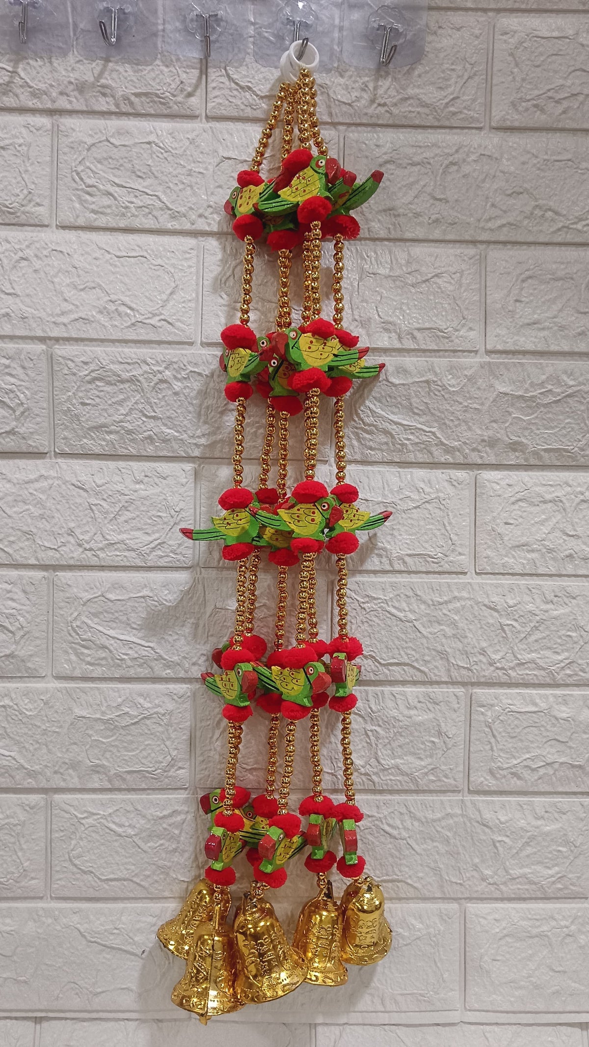 Nutts Handmade Decorative Wooden Parrot Toran | Traditional Pom-Pom Beads Bell Toran | Hanging for Home Entrance and Main Door Decoration (PMPMT101)