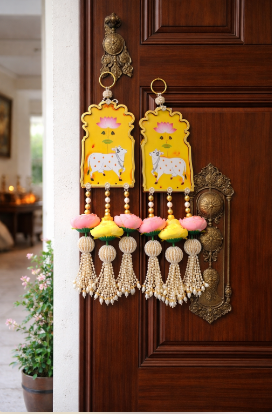 Nutts Handmade Cow Design Lotus MDF Door Hanging | Traditional Decorative Wall Hanging with Pearl Tassels for Home Entrance Festive Decoration (Pack of 2)