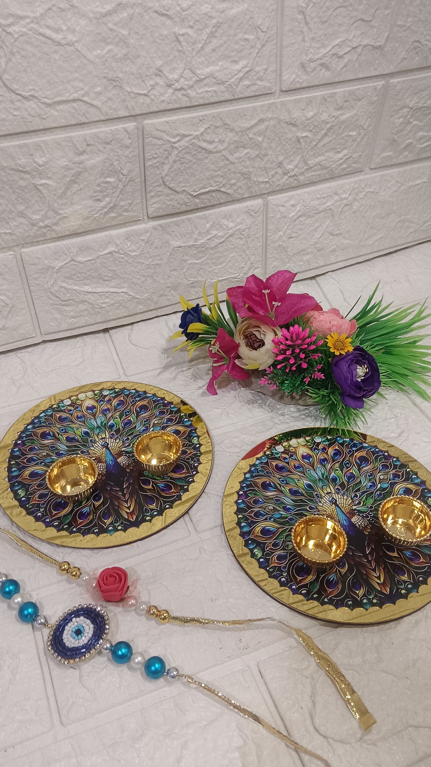 Nutts Rakhi Pooja Plate with Handmade Rakhi for Brother Traditional Decorative Pooja Thali for Raksha Bandhan(RakhiP04)