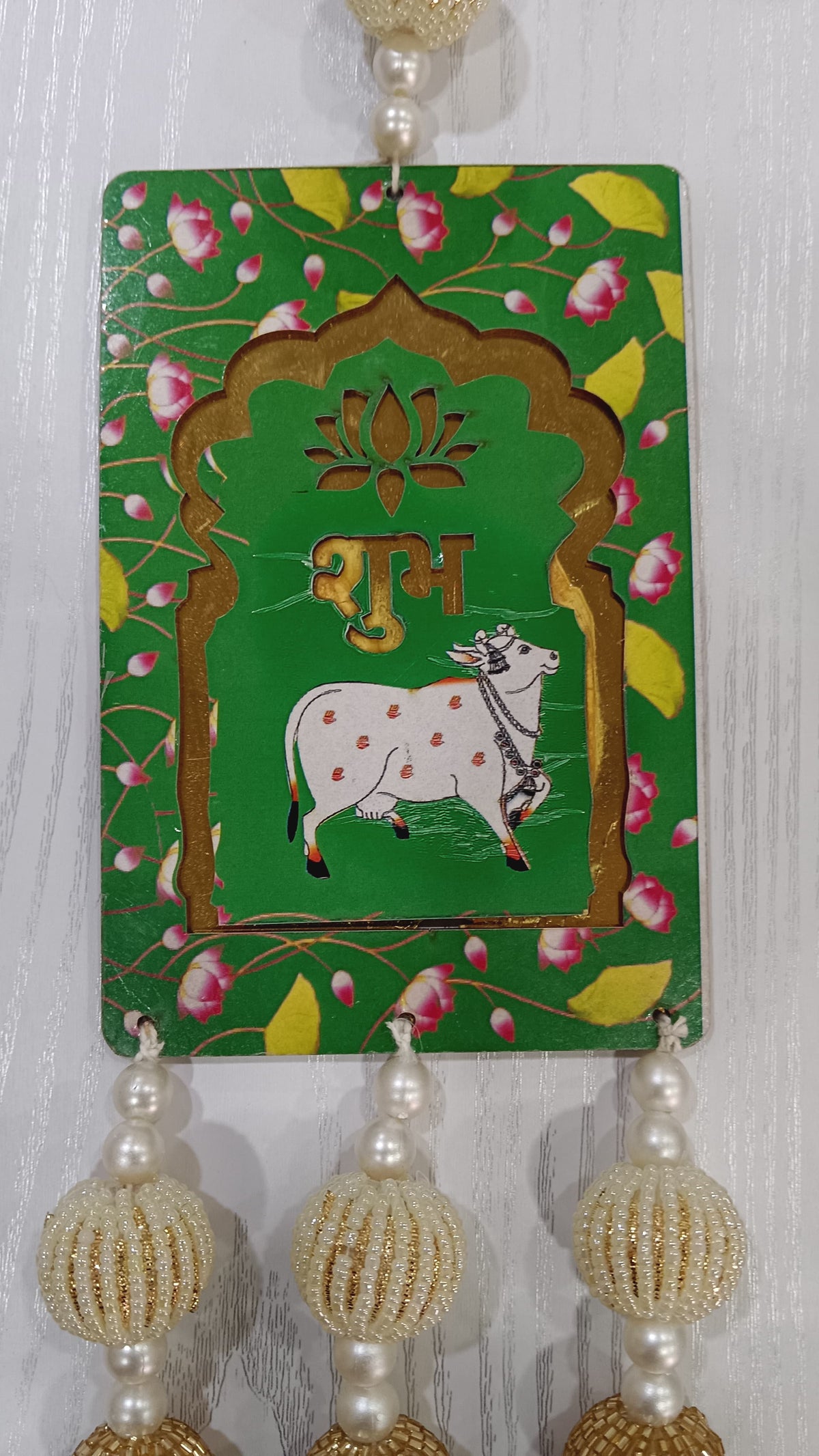 Nutts Handcrafted Shubh Labh MDF Door Hanging with Cow Design Decorative Beaded Tassels Lotus Motif Wall Hanging for Home Entrance Festive Decor Pack of 2 (SMALL115-1) (Green)