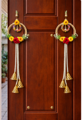 Nutts Artificial Flower Door Hanging Wall Decor Pearl Tassels and Golden Bells Decorative Floral Ring Hanging for Home Entrance Festival Decoration Hanging (Pack of 2)