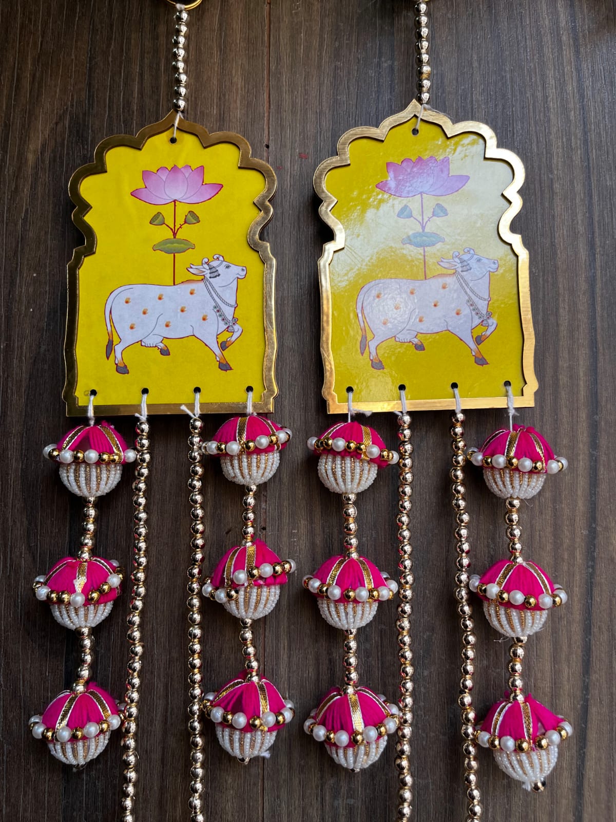 Nutts Handmade Cow Lotus MDF Door Hanging Decorative Latkan | Home Entrance Festival Decoration Pink Beaded Tassel Hanging Pack of 2 (SMALL80-3)