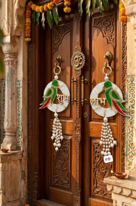 Nutts Handmade Shubh Labh Parrot Door Hanging Decorative | Traditional Pearl Wall Hanging Entrance Decor for Home Festival Decor Pack of 2 (SMALL185)