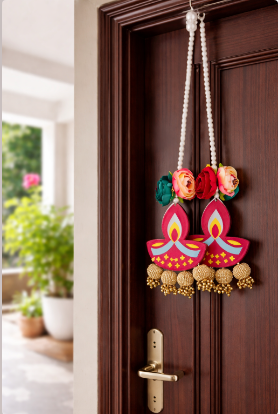 Traditional Diya Hanging with Paper Gajra & Gota Balls Perfect for Celebrations | Decorative Diya Hangings | Diya Hanging with Beads Ball Guccha (Pack of 4)