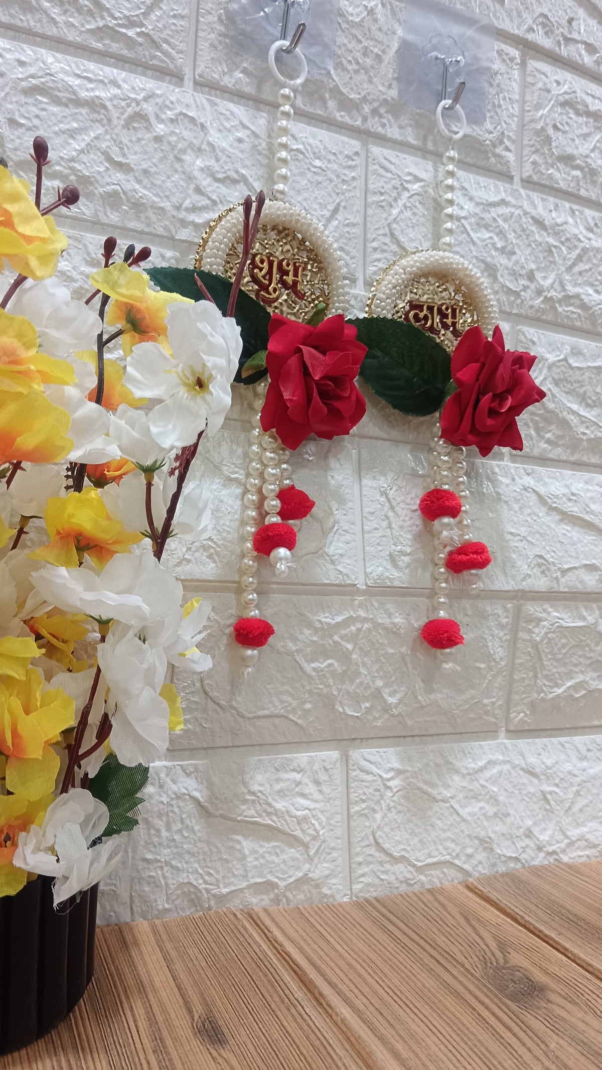 Subh Labh, Artificial Velvet Flower with, White Beads Hanging, for Home Decoration and All Festival Decor (Pack of 2) (SMALL139)