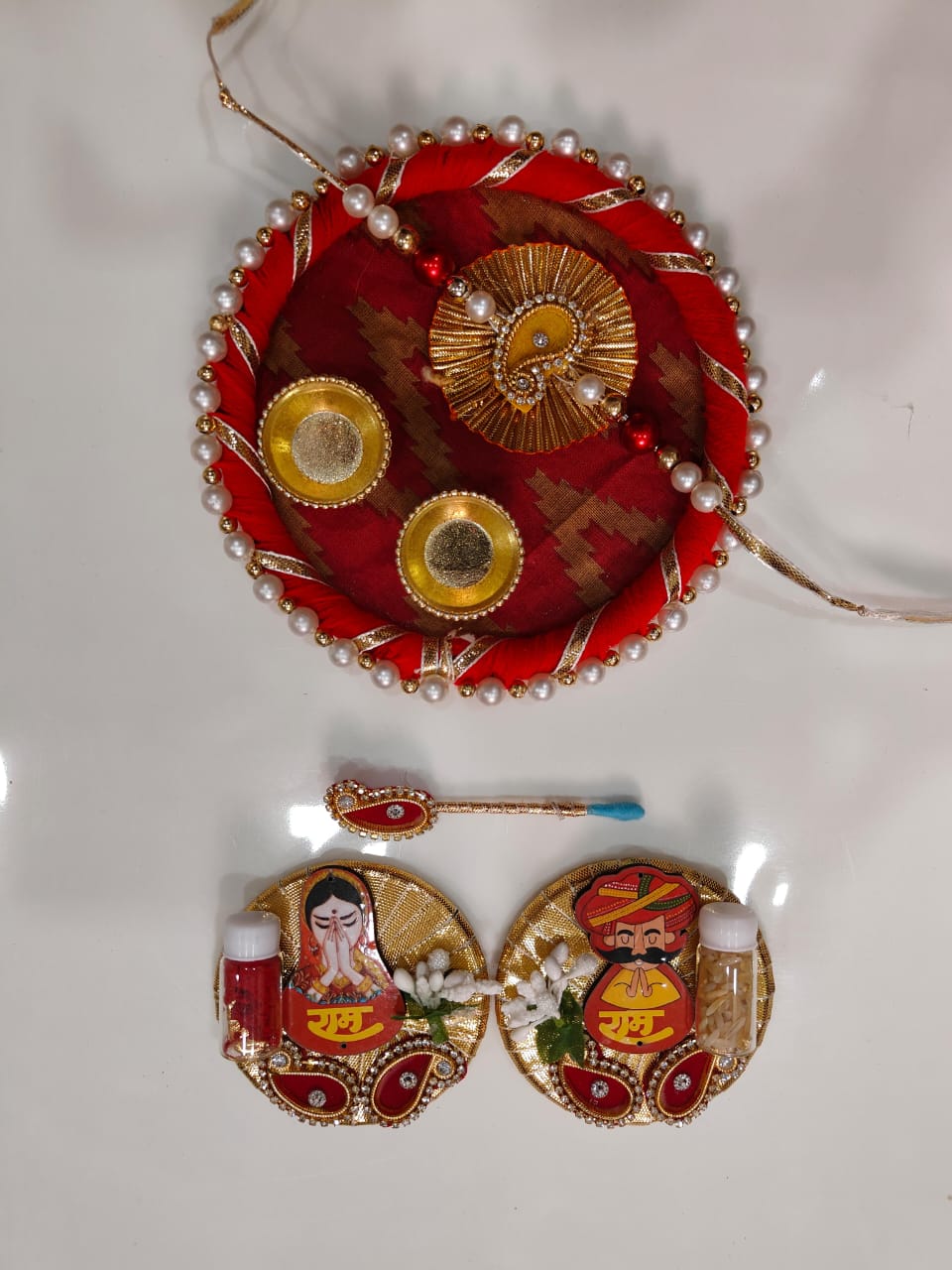 Nutts Designer Rakhi Plate Handmade Raksha Bandhan Thali With Rakhi Ram Ram Ji and Tilak Stick Set (RakhiP02)