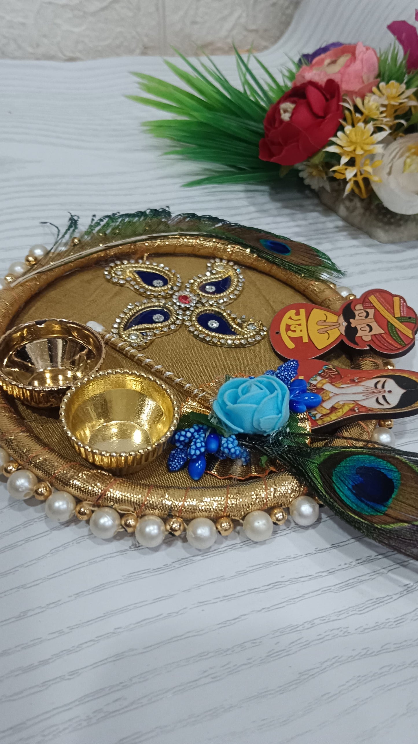 Nutts Handmade Decorative Rakhi Ceremony Thali Raksha Bandhan Pooja Plate with Tilak Stick (RakhiP11)