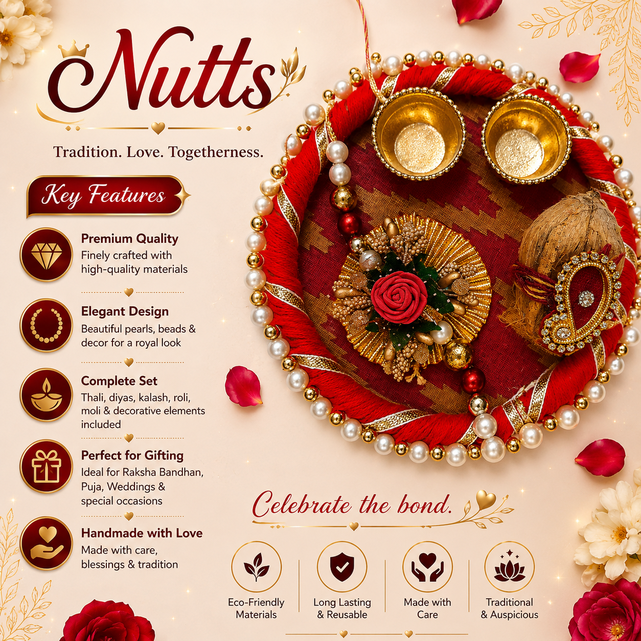 Nutts Decorative Raksha Bandhan Rakhi Thali with Nariyal & Rakhi For Festival (RakhiP03)