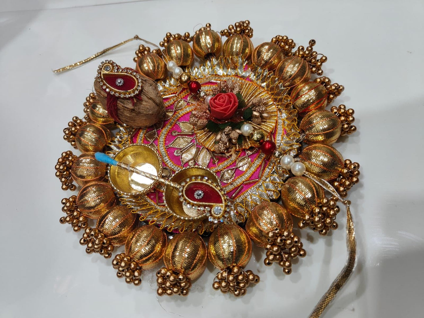 Nutts Handmade DecorativeGota Ball Patra Rakhi Thali Raksha Bandhan Pooja Plate with Rakhi (RakhiP12)