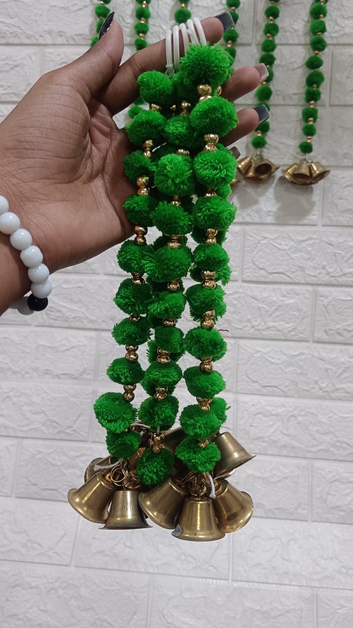 Nutts Handmade Wall Door Pom Pom String with Golden Beads, Garland Bandhwar Decoration Item for Home Décor Diwali Festival, Navratri, Wedding (12 Strings) (SMALL162)