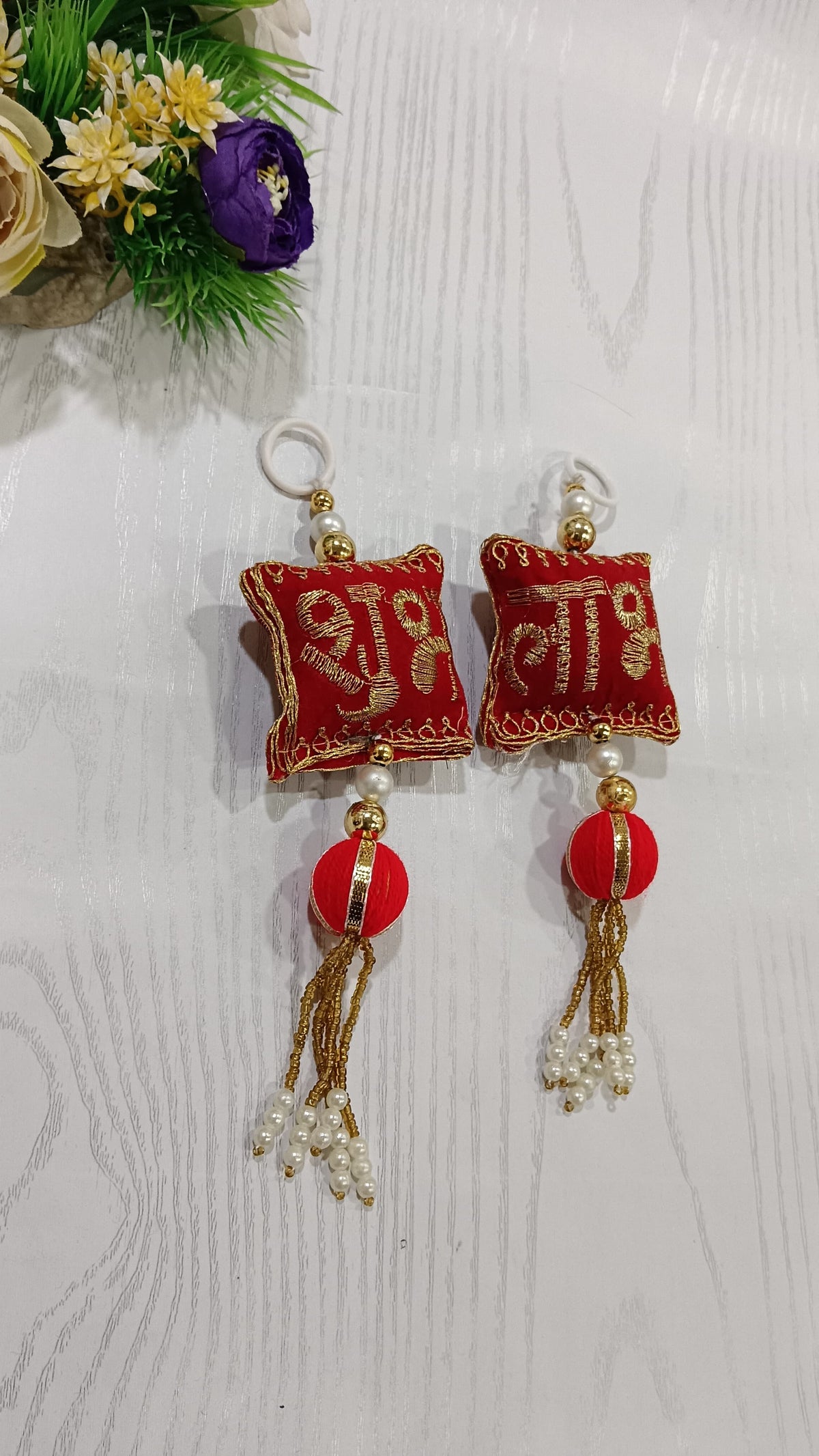 Decorative Shubh Labh Cushion with Gota Balls Latkan Hanging for Home Decor | Traditional Hanging for Main Door/Entrance Pooja Room Festival Items (Pack of 4) SMALL129