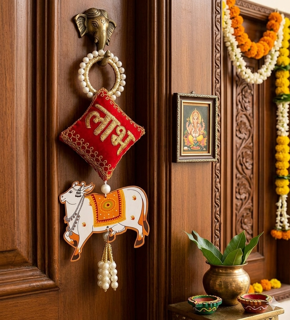 Nutts Decorative Shubh Nandi Cow Pearl Door Hanging Set for Home Entrance Mandir Wall Decor Traditional Pooja Festival Decoration Pack of 2 (Small195)
