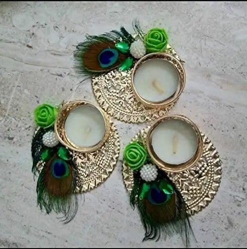 Sellplus Decorative Morpankh Jaali Plate Tealight Holder | Decoration for Home | Office | Diwali | Pooja | Diwali & All Special Festival Decor (Tealight-188) (Pack of 4)