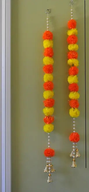 Nutts Handmade Orange & Yellow Genda Door Hanging | Beads & Golden Bells Decorative Wall Hanging for Home Festive Decor Pack of 6 (SMALL77)