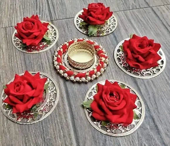 Handcrafted Decorative Velvet Rose Jaali Plate Rangoli T-Light Holder Set | Diwali Diya Set | Home Decor | Rangoli Tlight Holder Set for Decoration (Rang66)