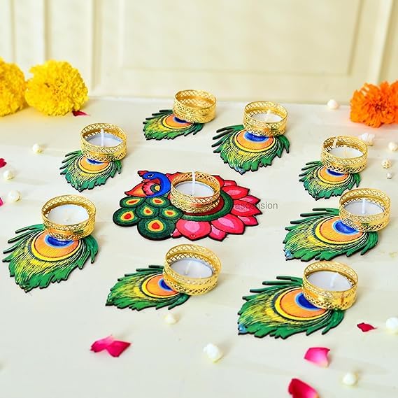 Sellplus Decorative MDF Peacock & Morpankh Rangoli Set with Tealight Holder | Diwali Gift Diya | Decoration for Home | Office | Pooja | Diwali & All Special Festival Decor (Rang70)