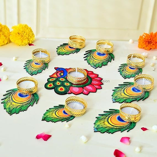 NUTTS Decorative MDF Peacock & Morpankh Rangoli Set with Tealight Holder | Diwali Gift Diya | Decoration for Home | Office | Pooja | Diwali & All Special Festival Decor (Rang70)