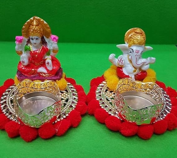 SellPlus Handmade Decorative Laxmi Ganesh Ji Pom-Pom Tlight for Decoration | Tlight for Diwali | Decoration for Home (Set of 1) (Tealight-339)