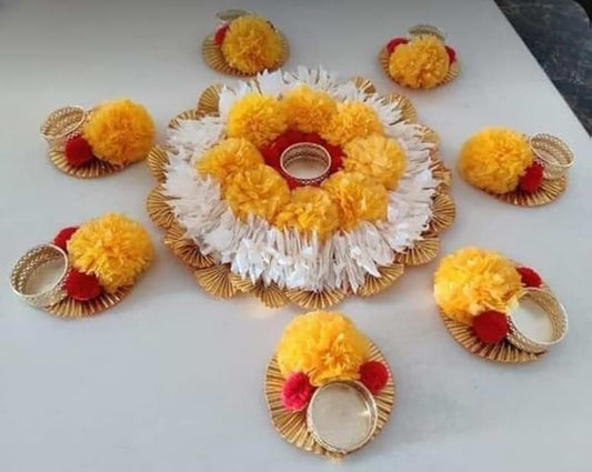 Paper Gajra with Genda,Tea Light Holder Rangoli Set Home Temple Decorations for Diwali, Dusshera Wedding Pooja Festival All Festival Decoration