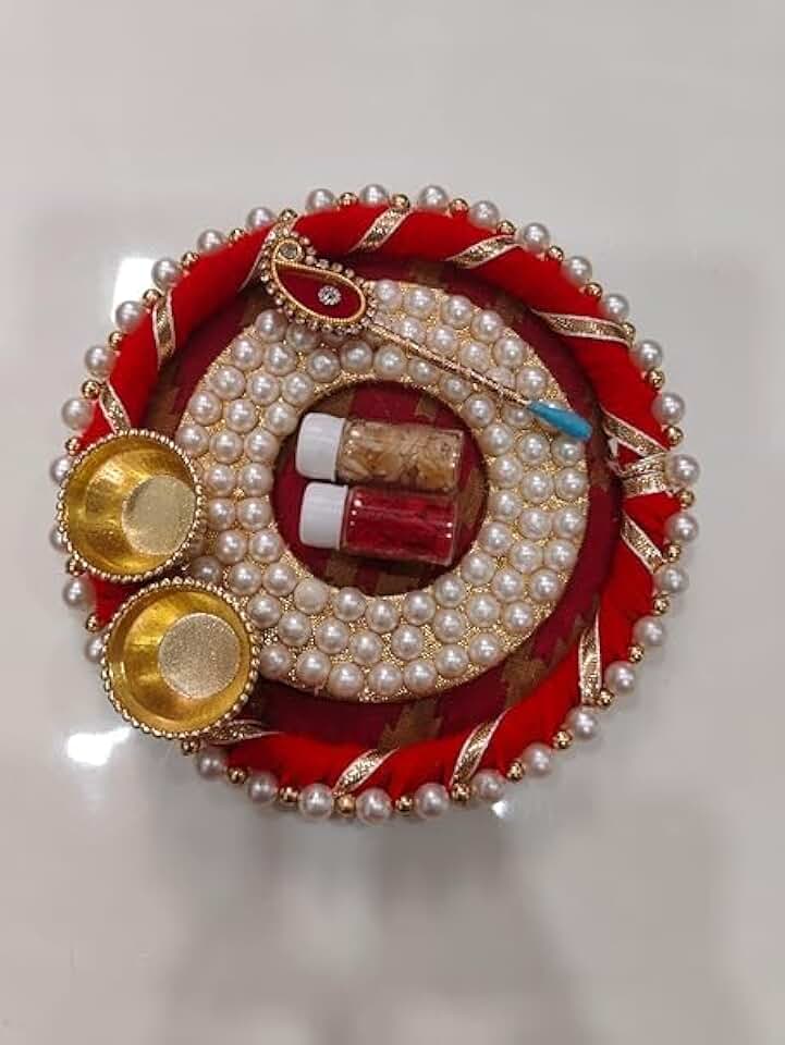 Handmade Designer Beads Chudi Decorative Pooja Thalis with Tilak Stick Tilak Contains for Pooja Festival (Pack of 1)