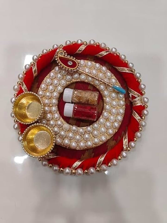 Handmade Designer Beads Chudi Decorative Pooja Thalis with Tilak Stick Tilak Contains for Pooja Festival (Pack of 1)