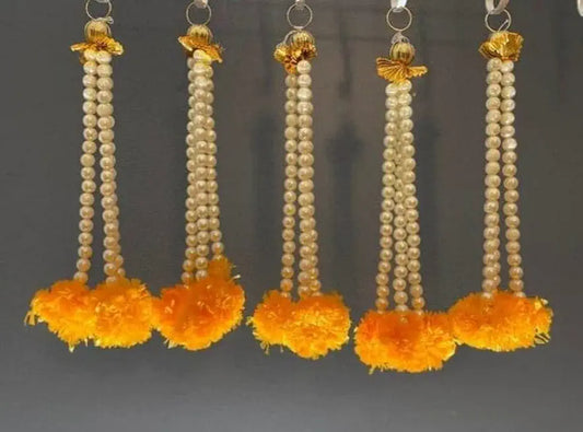 Nutts Artificial Decoration Handmade Bead Yellow Genda Tassel Hanging Decorative Latkan for Wedding Decor Home Festival Decoration Set of 6 | SMALL21-1