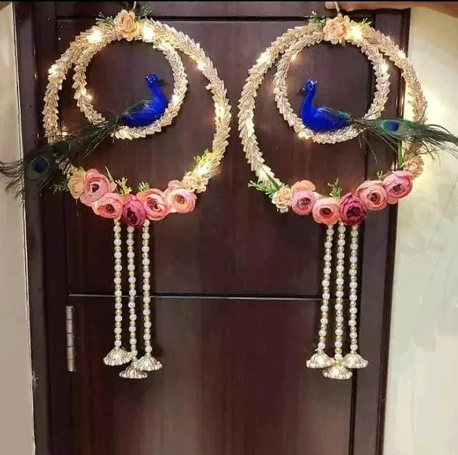 Beautiful Peacock Hanging Bandhanwar Hanging with LED Lights Diwali Toran Peacock Hanging for Door Traditional Hanging for Main Door/Entrance Pooja Room Festival Items (Pack of 2) (Small34)