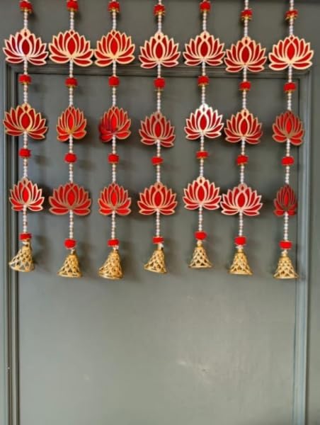 Nutts Traditional Handmade Decorative MDF Lotus Pom Pom Beaded Bell Hanging Wall Hanging Perfect for Main Door Decor (Lotus 127) (Pack of 7)