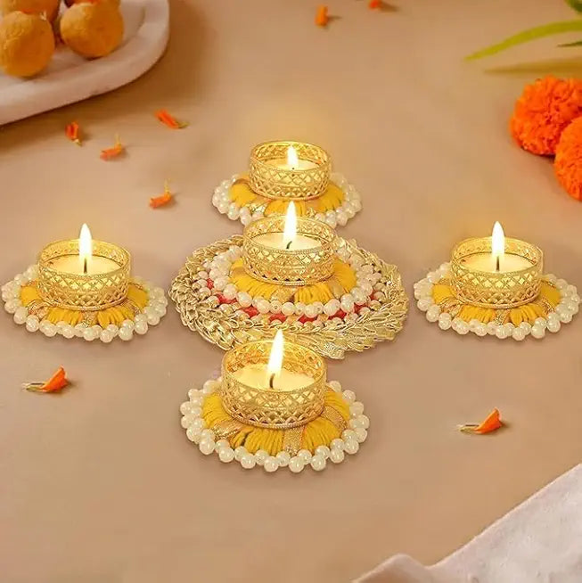 Handcrafted Decorative Lace Chudi Beaded Rangoli T-Light Holder Set | Diwali Diya Set | Home Decor | Rangoli Tlight Holder Set for Decoration (Rang75)