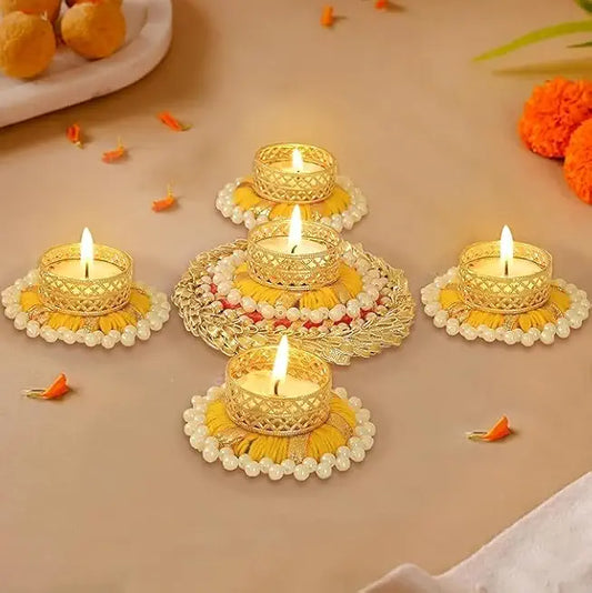 Handcrafted Decorative Lace Chudi Beaded Rangoli T-Light Holder Set | Diwali Diya Set | Home Decor | Rangoli Tlight Holder Set for Decoration (Rang75)