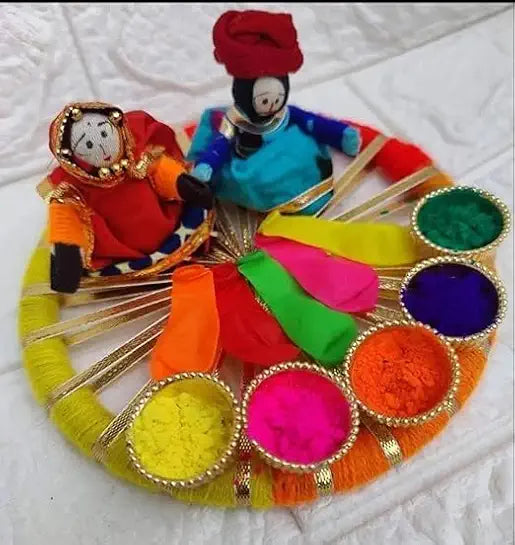 Traditional Holi Festival Decorative Platter Set with Dolls,Colourful Bottles, Bowls for Colours (SP-Holi-PL04)