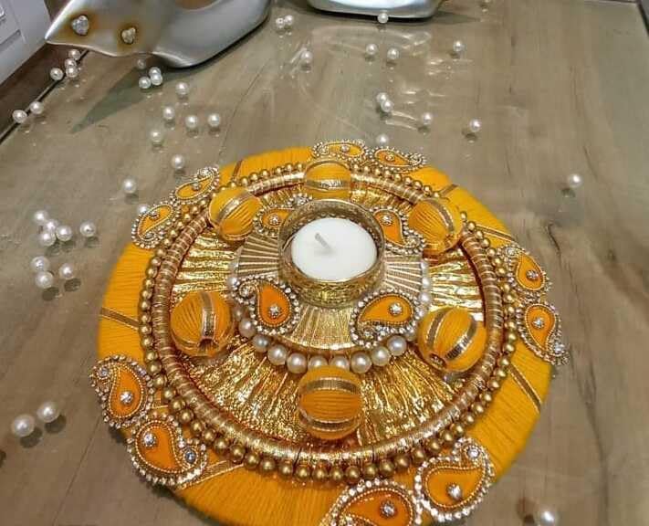 Sellplus Handcrafted Decorative Rangoli Tealight Holder with Pearl Stone Work Festival Centerpiece for Diwali Home Temple Table Decoration Gift(Tealight-358)