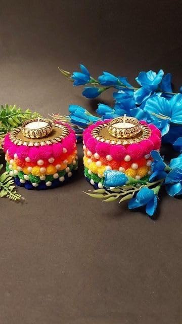 Sellplus Decorative Pom Pom Tealight Holder | Decoration for Home | Office | Diwali | Pooja | Diwali & All Special Festival Decor (Tealight-153) (Pack of 2)