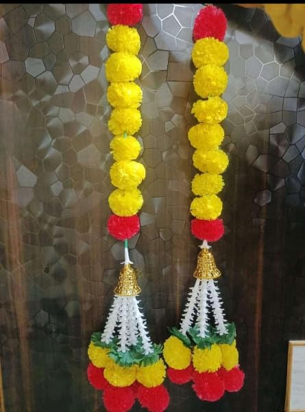 Nutts Handmade Artificial Marigold Flower Hanging with Pearl Tassels and Bell Festival Door Decor Pack of 2 (PMPMT146)
