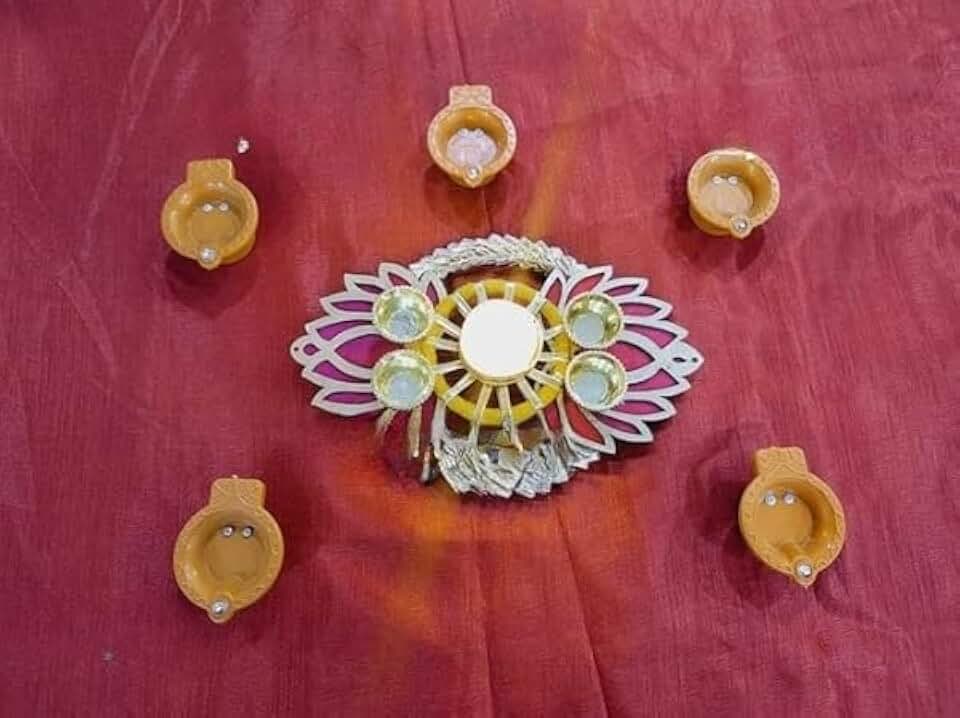 Lotus & Tea Light Holder Designer and Ethnic Rakhi Thali with Kumkum Chawal Holder with Water Diya Plater for Decorations
