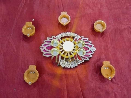 Lotus & Tea Light Holder Designer and Ethnic Rakhi Thali with Kumkum Chawal Holder with Water Diya Plater for Decorations