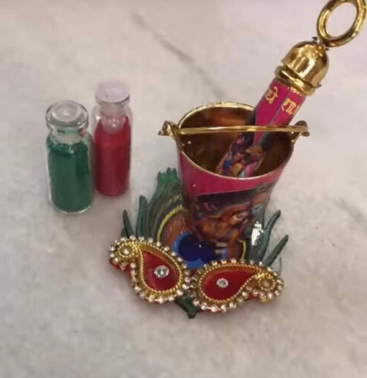 NUTTS MDF Morpankh with Bucket & Decorative Holi Return Gifts for Festival Celebration Great for Wonderful Festive Holi Celebrations. (HOLIPLATE-75)