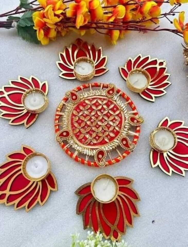 Festive Rangoli, Festival Decoration Set | Rangoli Themed Traditional Home Decor for Festival Season, Traditional Rangoli with Diyas for Home Decoration (Red)