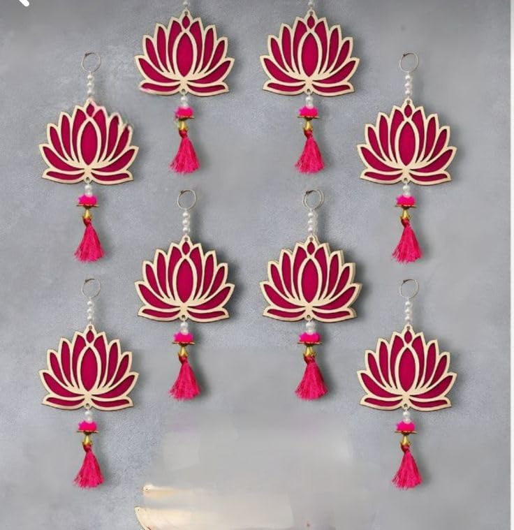 Nutts Handmade Decorative Multicolour Traditional Lotus Pom Pom Beads Tessel Hanging for Decoration | Lotus Hanging for Diwali and Festive Decoration (Lotus 40)