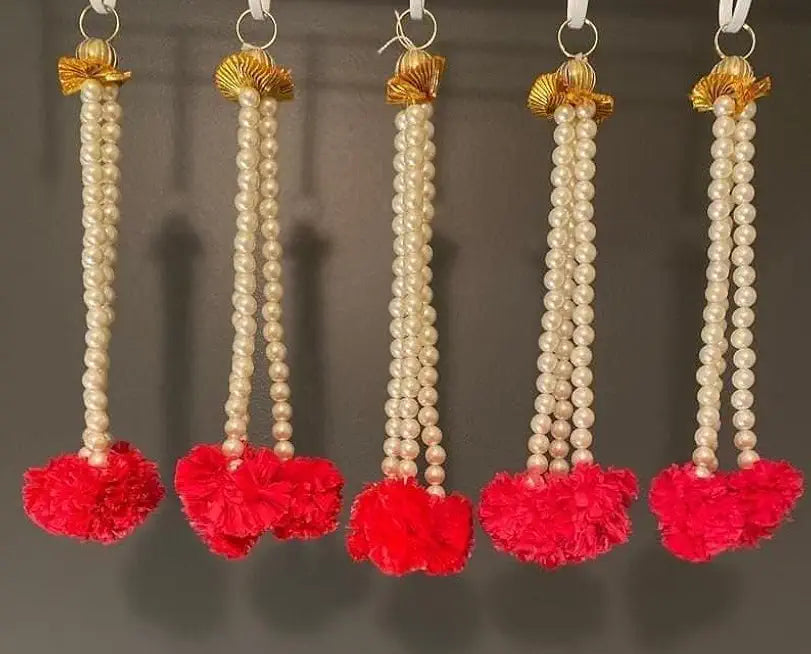 Nutts Beads Red Genda Decorative Latkan Hanging with Golden Top & Tassels for Home Decor Craft & Festive Decoration Pack of 6 (SMALL21-2)