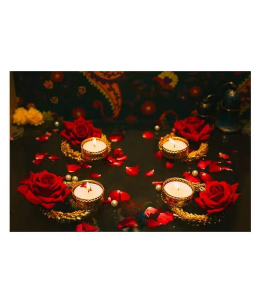 Sellplus Decorative Lace Chudi Velvet Rose Tealight Holder | Decoration for Home | Office | Diwali | Pooja | Diwali & All Special Festival Decor (Design 25) (Pack of 4) (Tealight192)