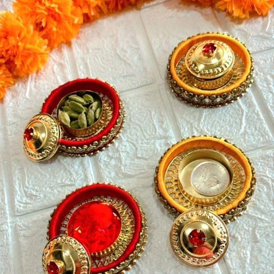 Sellplus Handmade Decorative Kumkum Roli Chawal Container Pooja Box Festival Mandir Traditional Gift Reusable Elegant Brass Finish Craft Pack of 4 (Tealight-389)