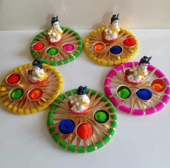 Sellplus Traditional Decorative Holi Pooja Plate With Kanha Ji Idol Decorative Holi for Festival Celebration (HOLIPLATE-47)