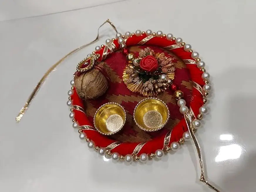 Handmade Designer Rakhi Platter for Raksha Bandhan, for Brothers Sister Bhaiya Bhabhi Puja thali Set Roli Platter Pooja Thali Tilak Stick Rakhi Plate