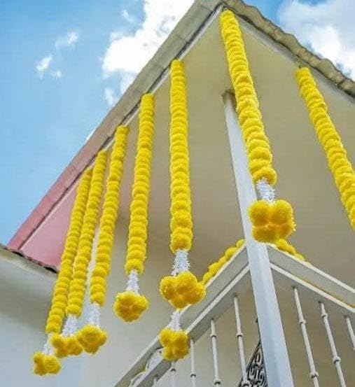 Nutts Golden Bell Hanging with Decorative Golden Beads and Multicolor Pom Poms for Main Door Pooja Room Festival Home Decoration Pack of 4 (PMPMT136-1 (Yellow))